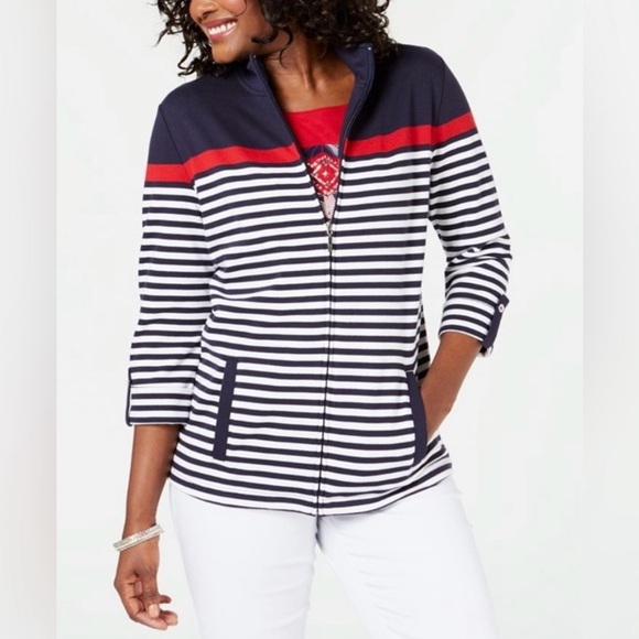 Karen Scott Sport women's active jacket Striped Navy and Red | Preppy | Size PP - Picture 1 of 14